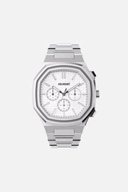 Front view of the octagonal watch with all-white chronograph dial on its integrated bracelet