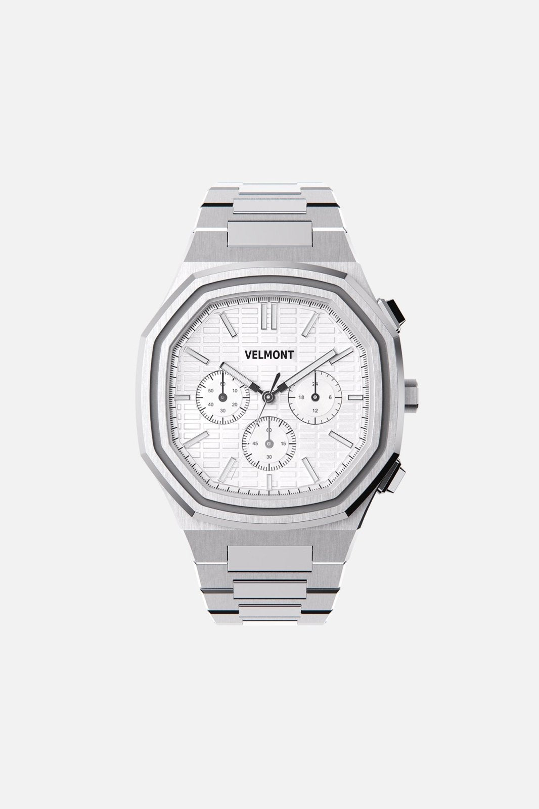 Front view of the octagonal watch with all-white chronograph dial on its integrated bracelet