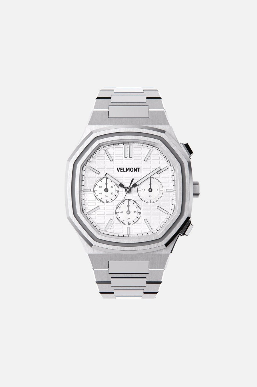 Front view of the octagonal watch with all-white chronograph dial on its integrated bracelet