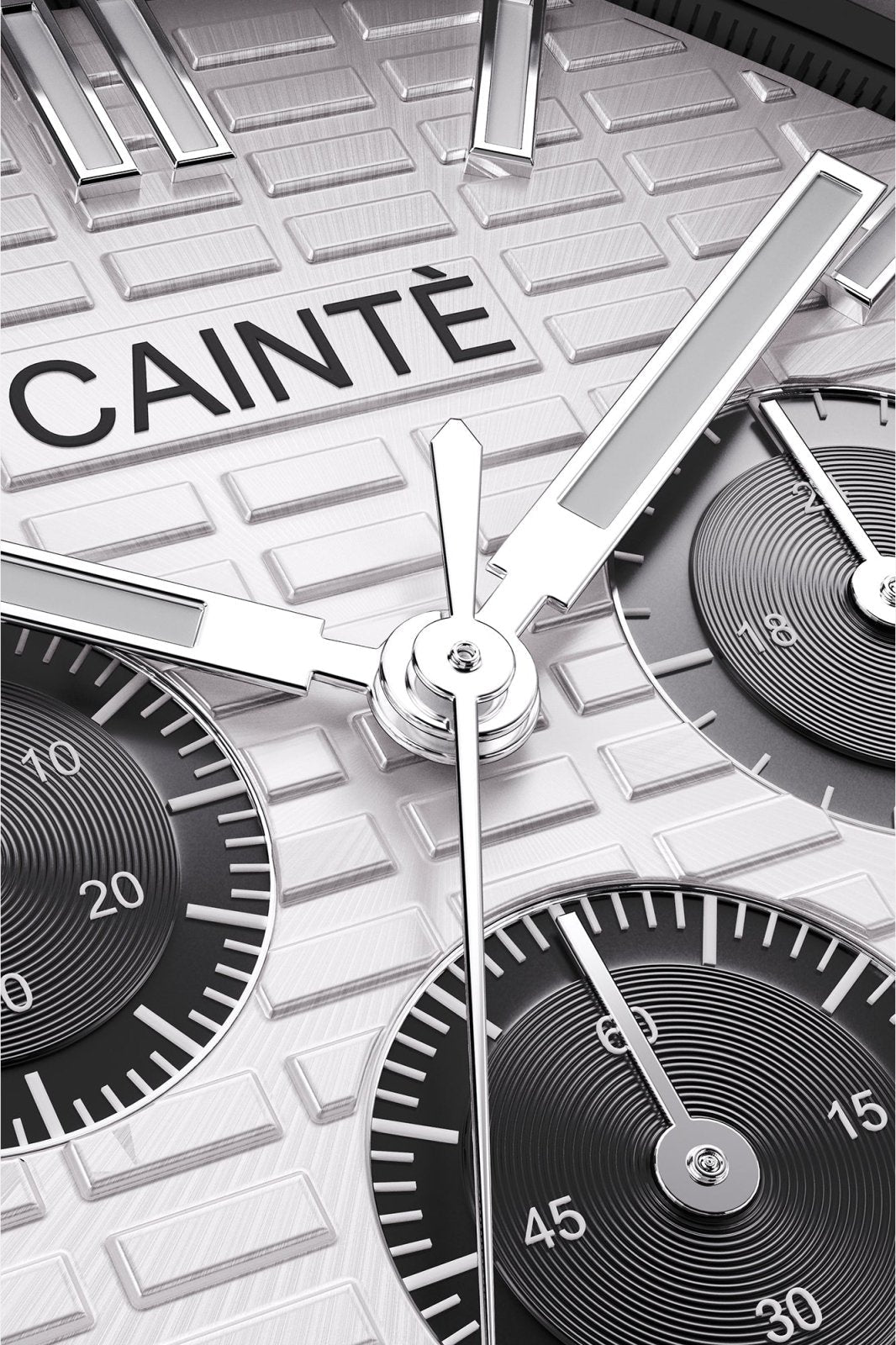 Macro view of the white chronograph dial and polished hands