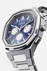 Three-quarter view of the octagonal case and blue chronograph dial