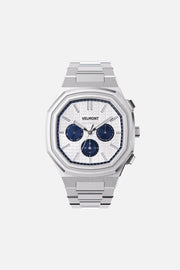 Front view of the octagonal watch with white day-date dial on its integrated bracelet