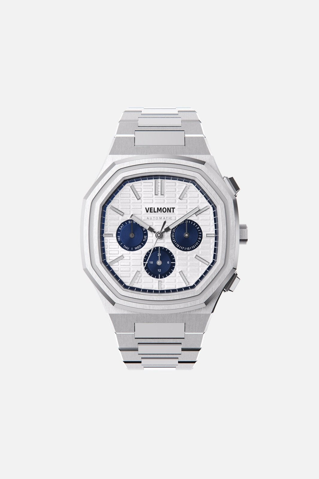 Front view of the octagonal watch with white day-date dial on its integrated bracelet