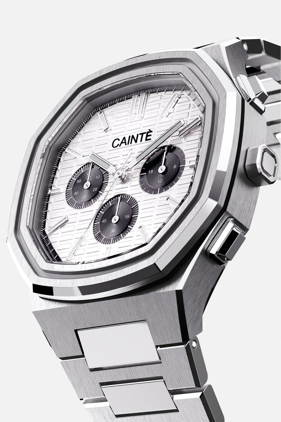 Three-quarter view of the octagonal case and white chronograph dial