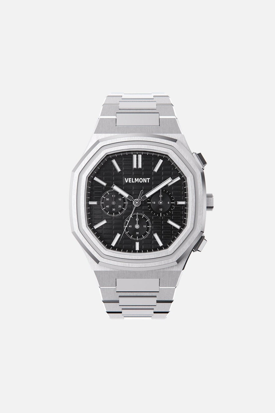 Front view of the octagonal watch with black chronograph dial on its integrated bracelet
