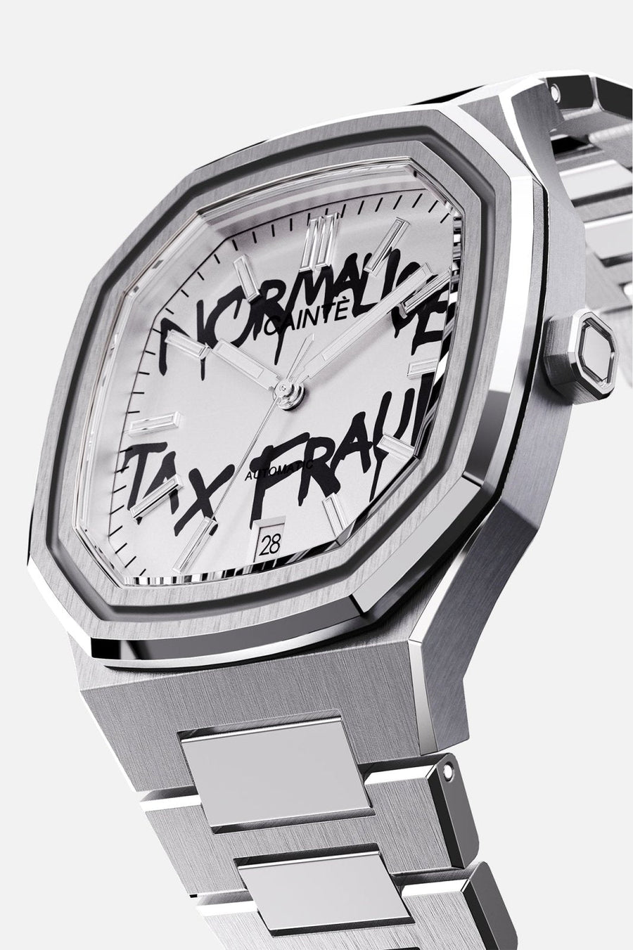 Three-quarter view of the octagonal case and white dial with black graffiti lettering