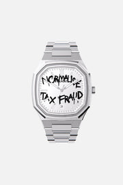 Front view of the octagonal watch with white dial with black graffiti lettering on its integrated bracelet