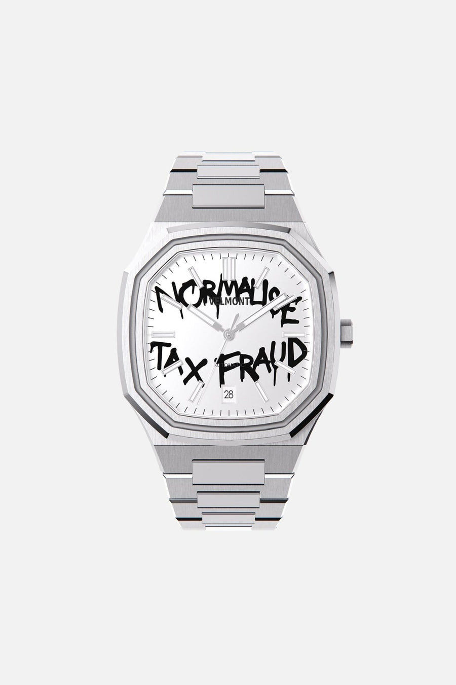 Front view of the octagonal watch with white dial with black graffiti lettering on its integrated bracelet