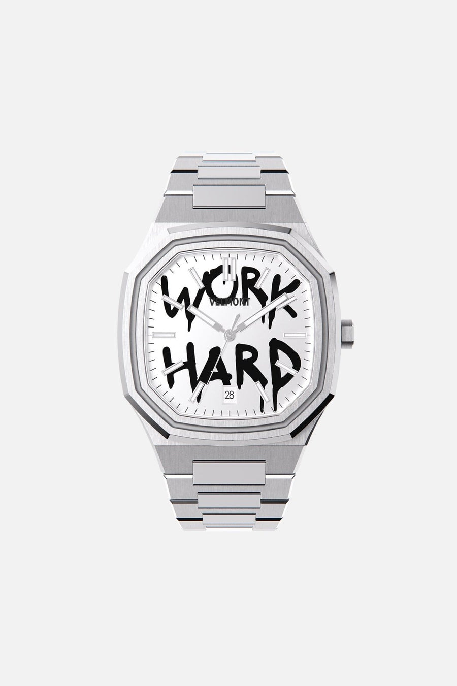 Front view of the octagonal watch with white dial with black graffiti lettering on its integrated bracelet
