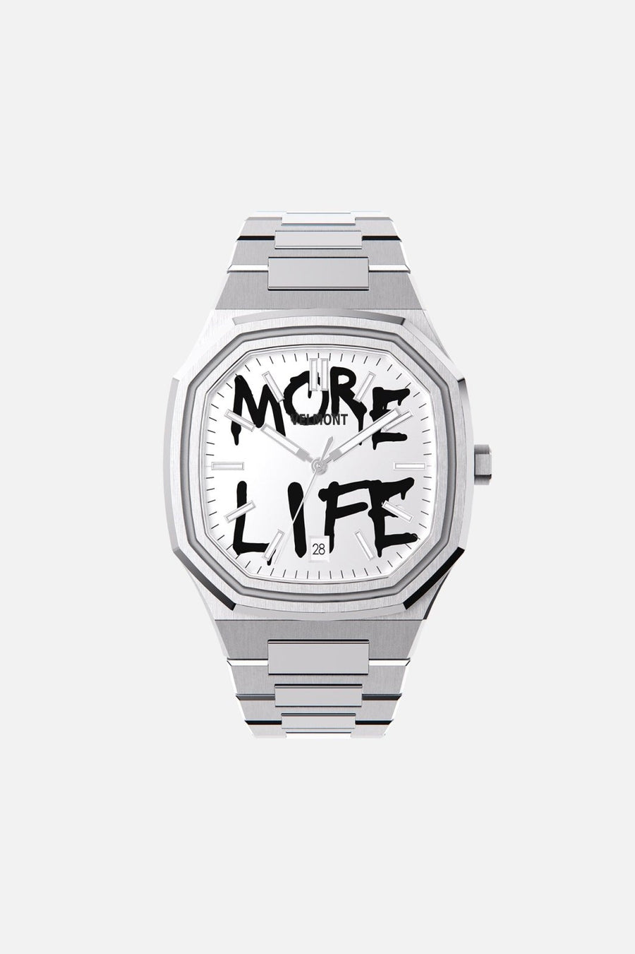 Front view of the octagonal watch with white dial with black graffiti lettering on its integrated bracelet