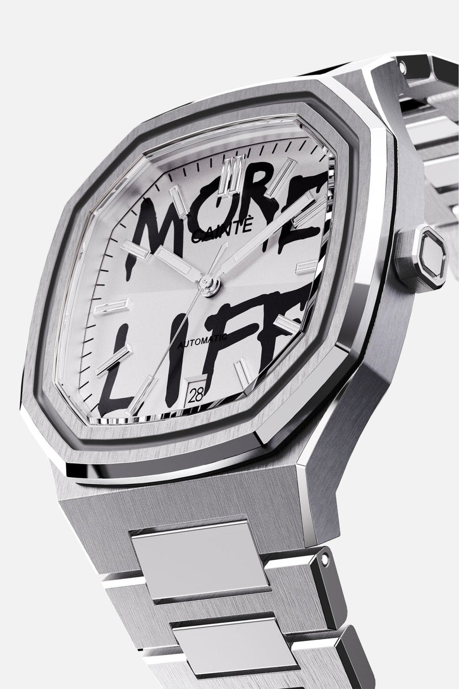 Three-quarter view of the octagonal case and white dial with black graffiti lettering