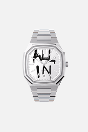 Front view of the octagonal watch with white dial with black graffiti lettering on its integrated bracelet