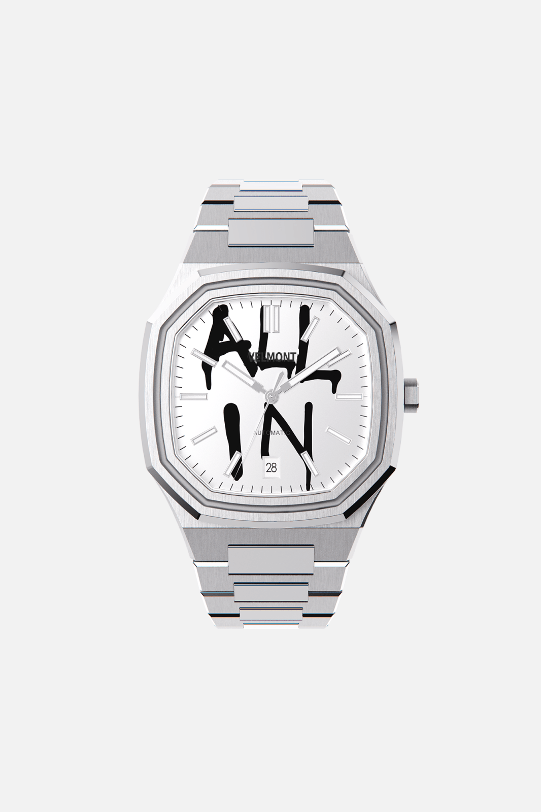 Front view of the octagonal watch with white dial with black graffiti lettering on its integrated bracelet