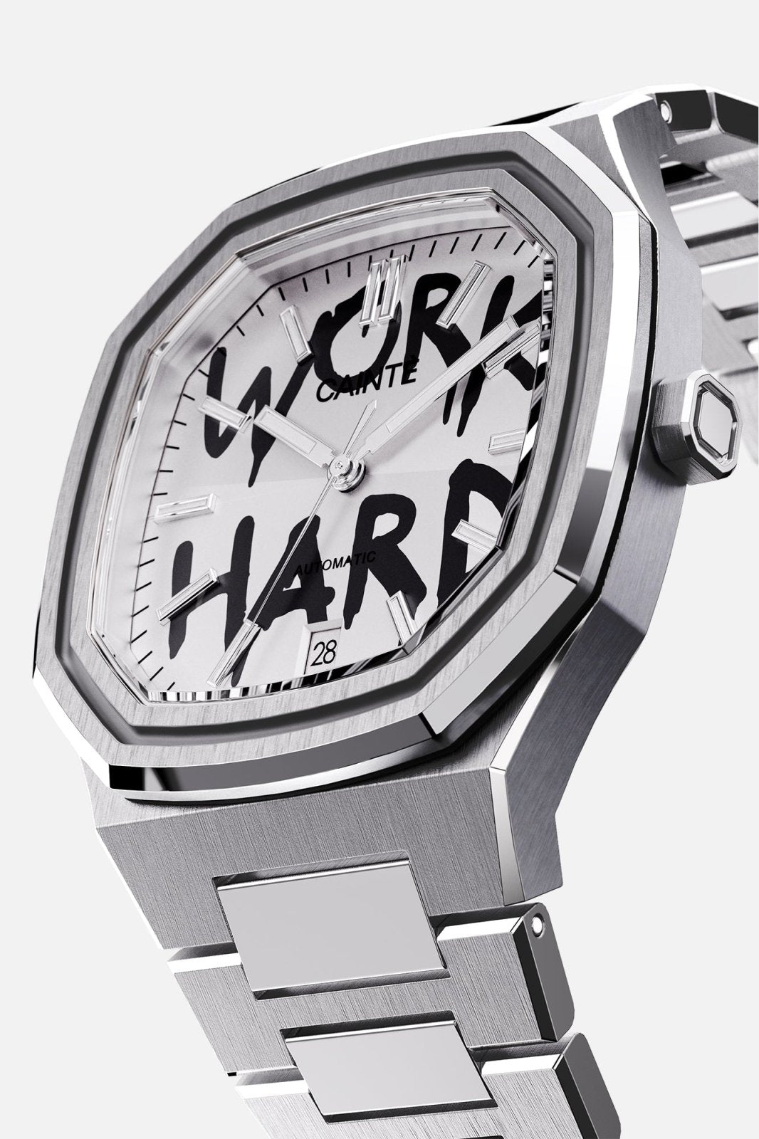 Three-quarter view of the octagonal case and white dial with black graffiti lettering