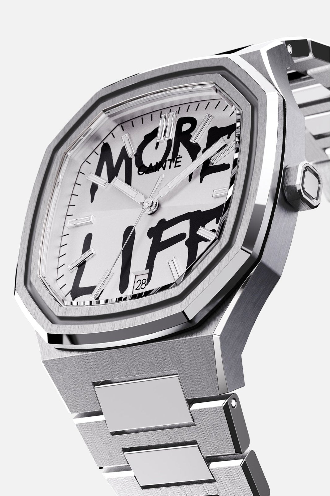 Three-quarter view of the octagonal case and white dial with black graffiti lettering