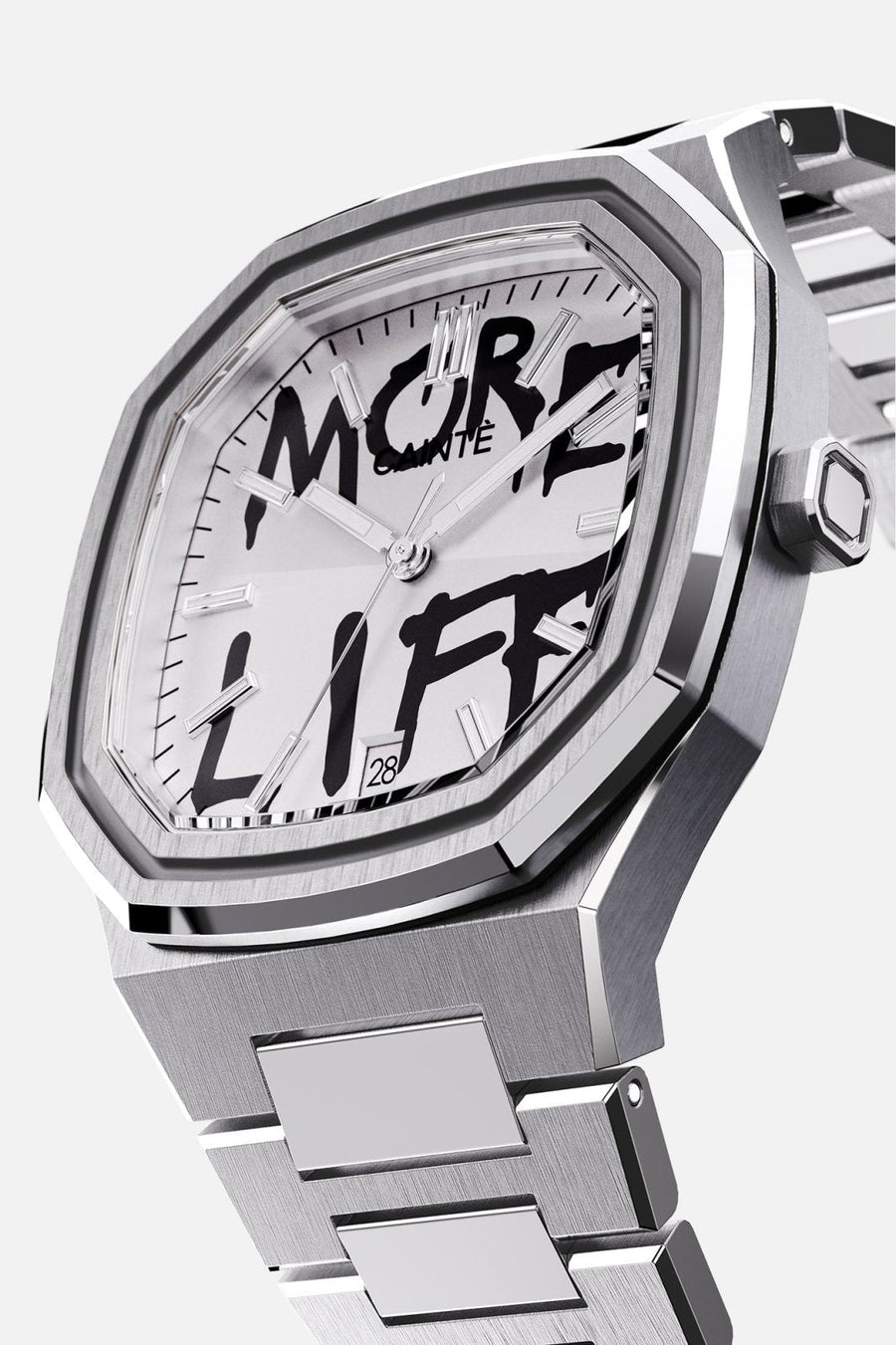 Three-quarter view of the octagonal case and white dial with black graffiti lettering