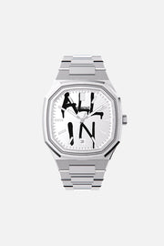 Front view of the octagonal watch with white dial with black graffiti lettering on its integrated bracelet