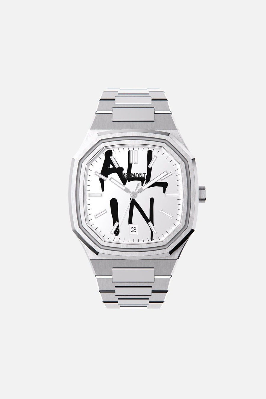 Front view of the octagonal watch with white dial with black graffiti lettering on its integrated bracelet