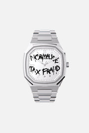 Front view of the octagonal watch with white dial with black graffiti lettering on its integrated bracelet
