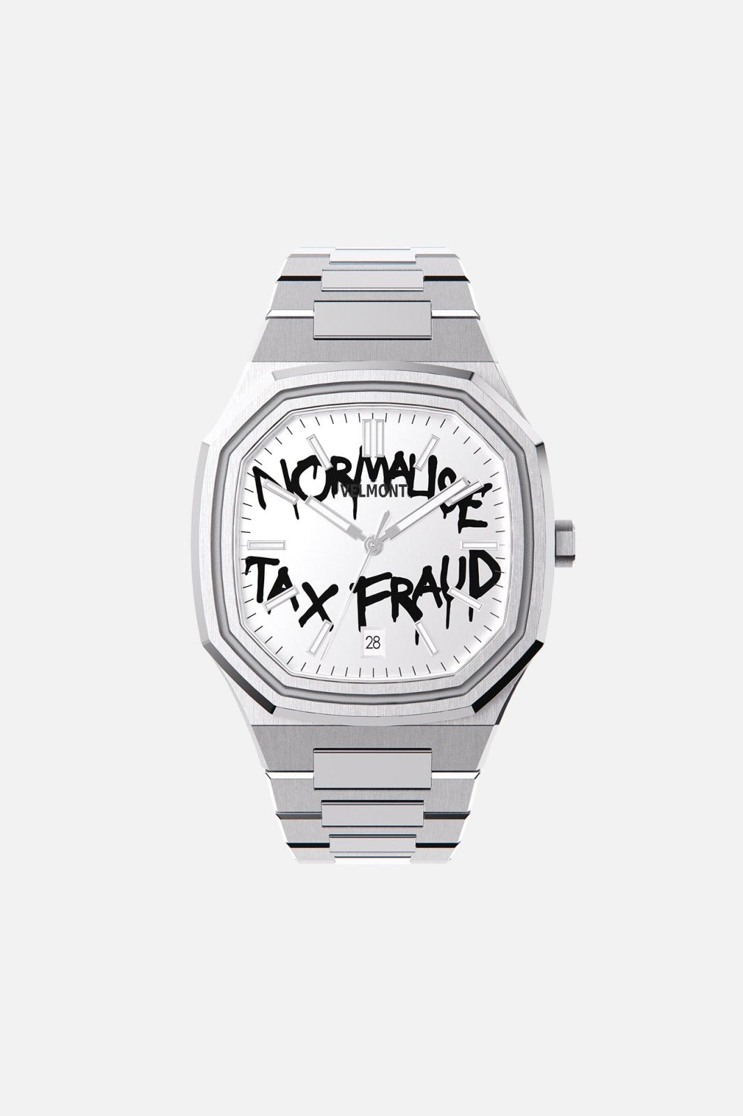 Front view of the octagonal watch with white dial with black graffiti lettering on its integrated bracelet