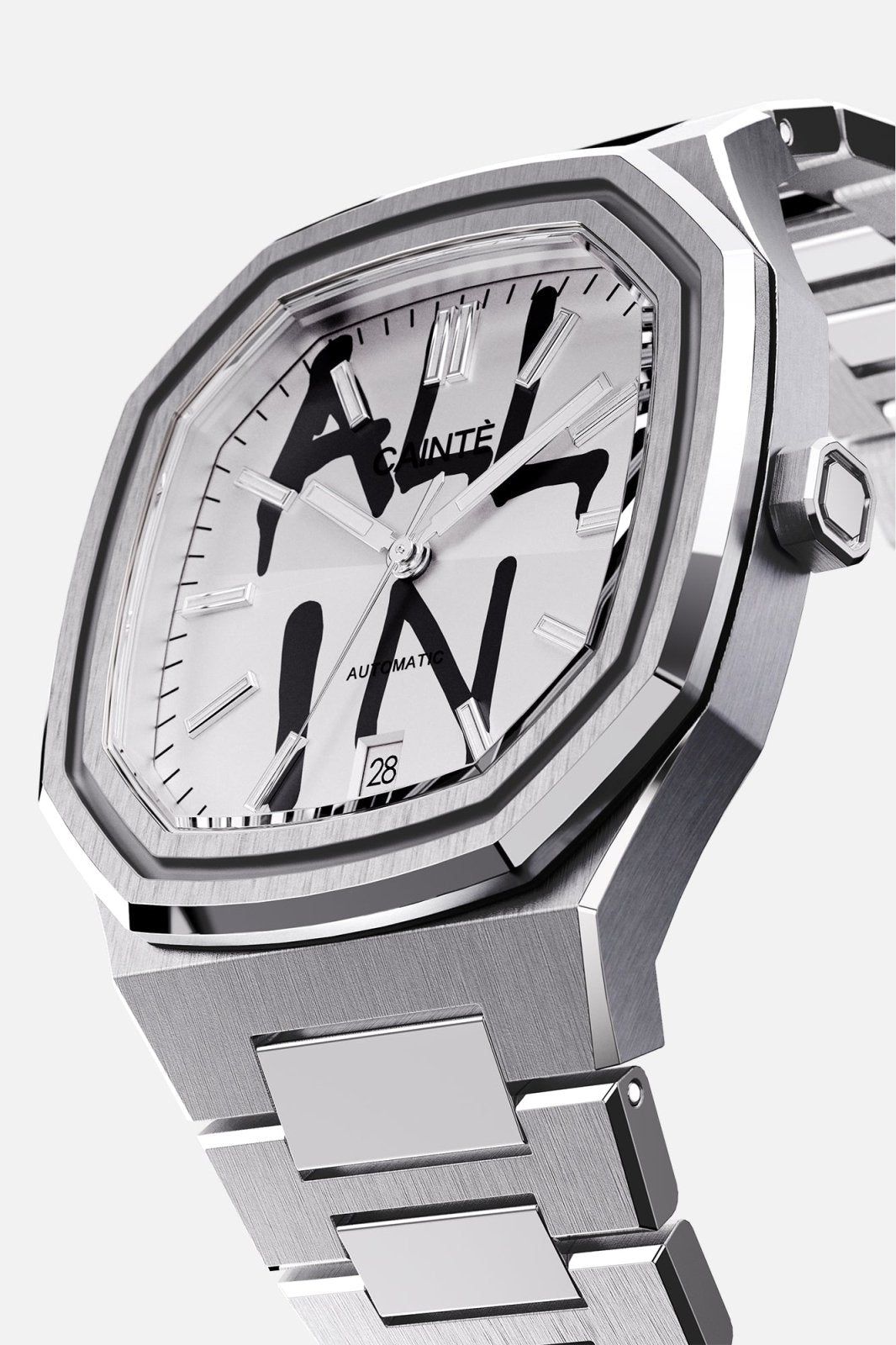 Three-quarter view of the octagonal case and white dial with black graffiti lettering