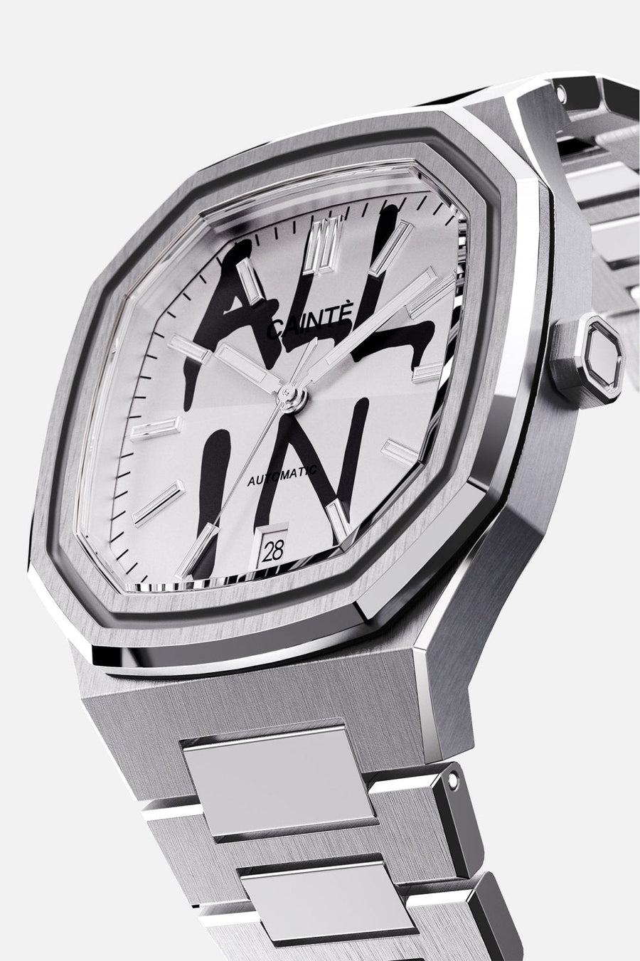 Three-quarter view of the octagonal case and white dial with black graffiti lettering