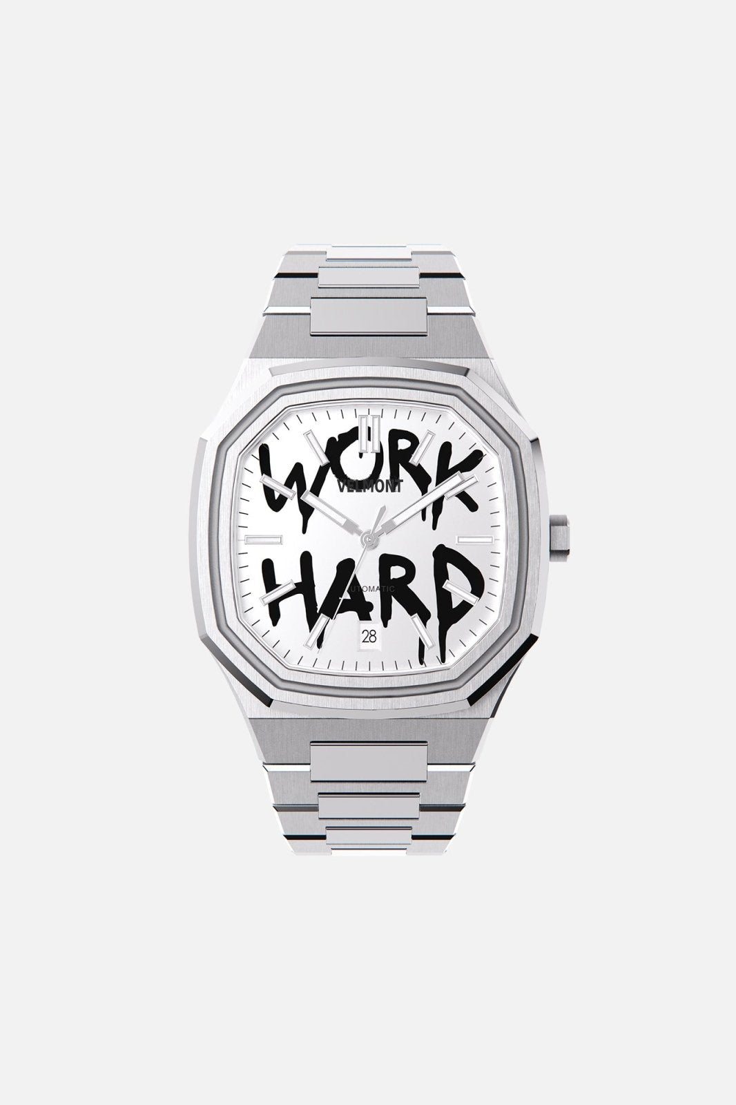 Front view of the octagonal watch with white dial with black graffiti lettering on its integrated bracelet