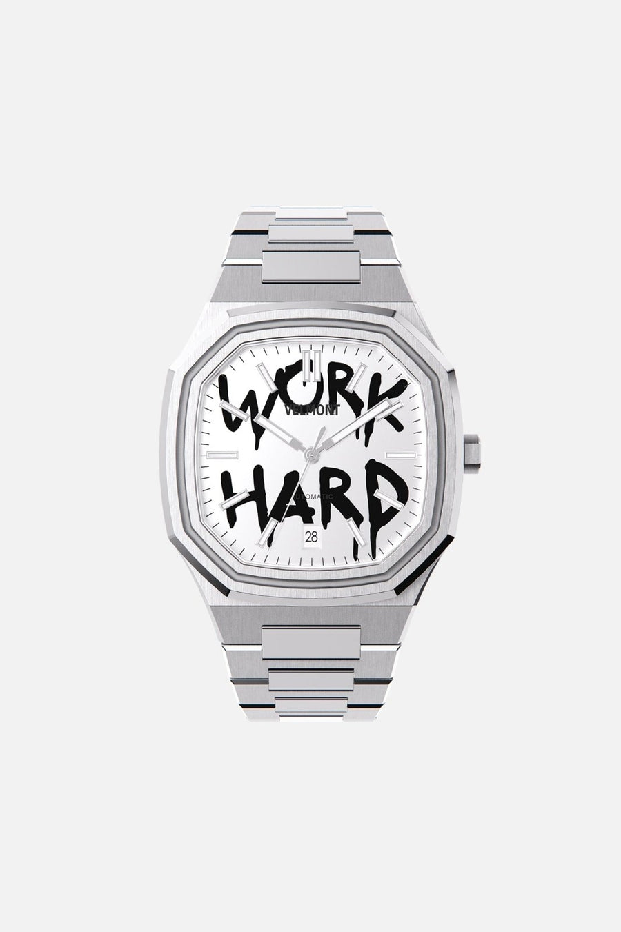 Front view of the octagonal watch with white dial with black graffiti lettering on its integrated bracelet