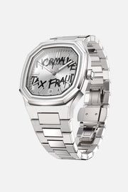 Angled close view of the case and white dial with black graffiti lettering