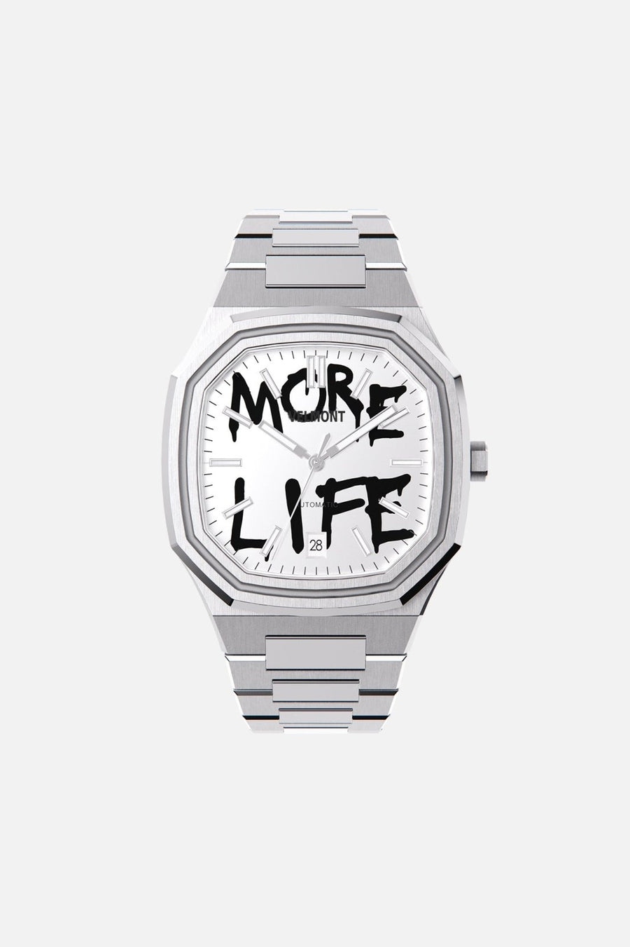 Front view of the octagonal watch with white dial with black graffiti lettering on its integrated bracelet