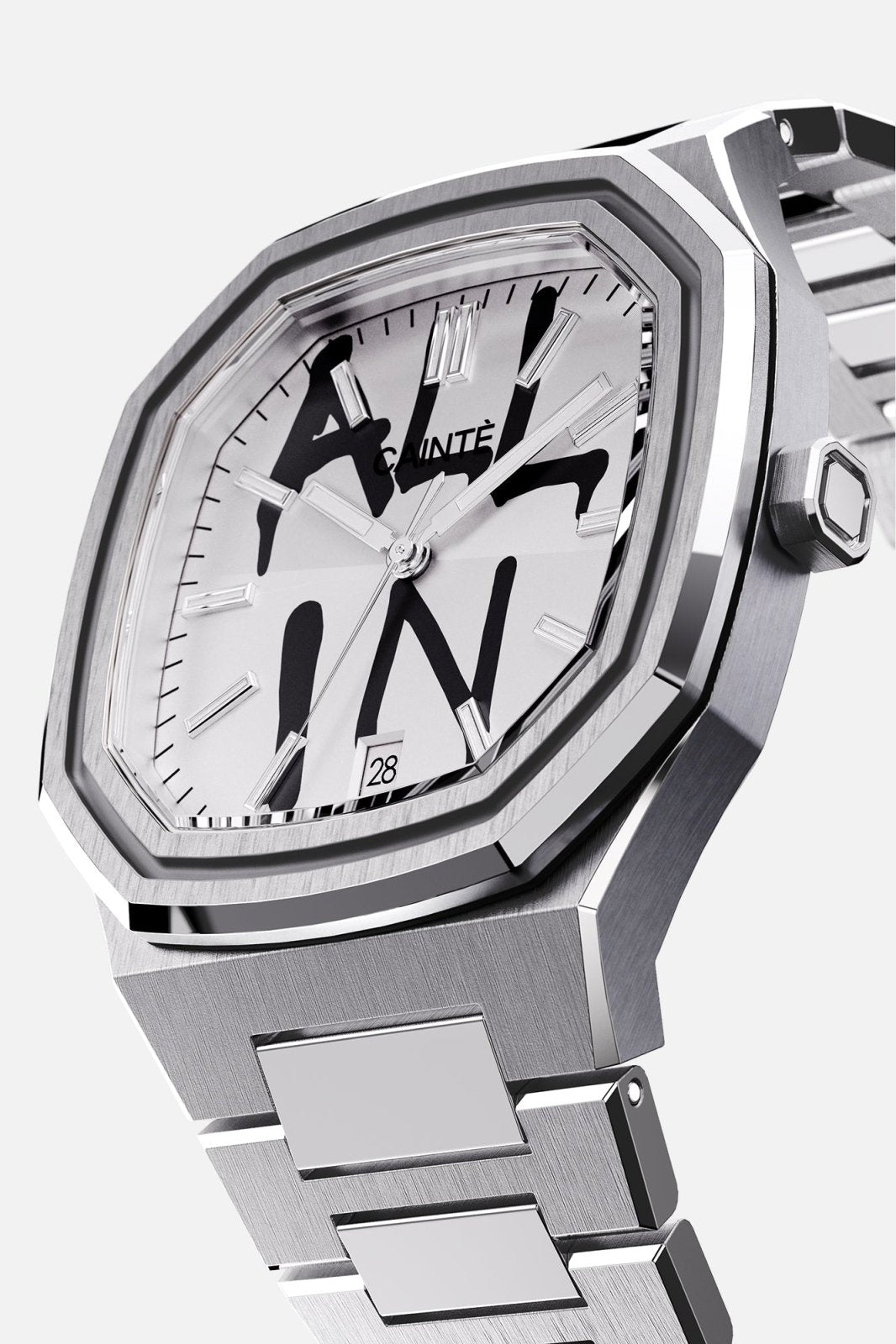 Three-quarter view of the octagonal case and white dial with black graffiti lettering