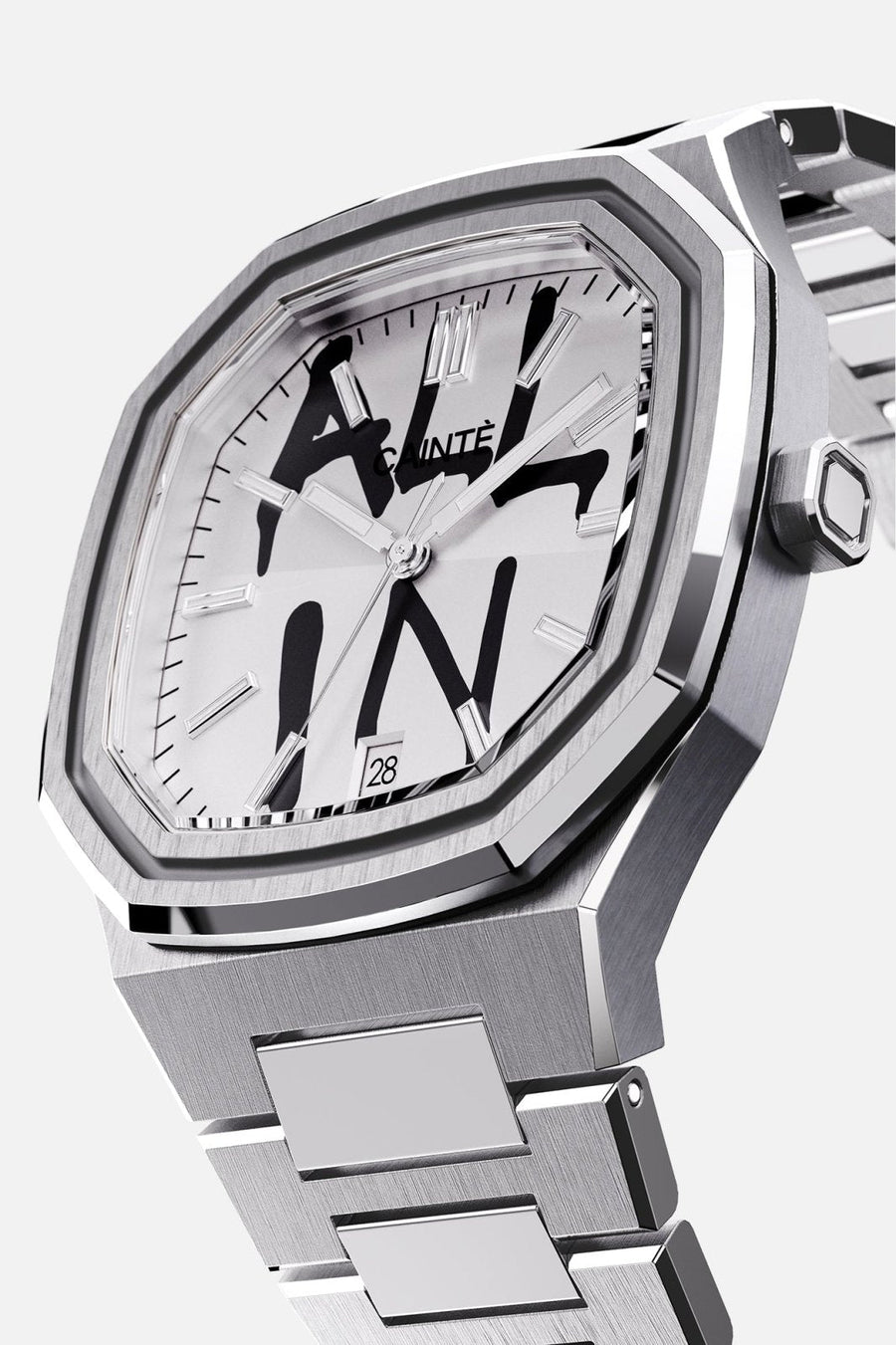 Three-quarter view of the octagonal case and white dial with black graffiti lettering