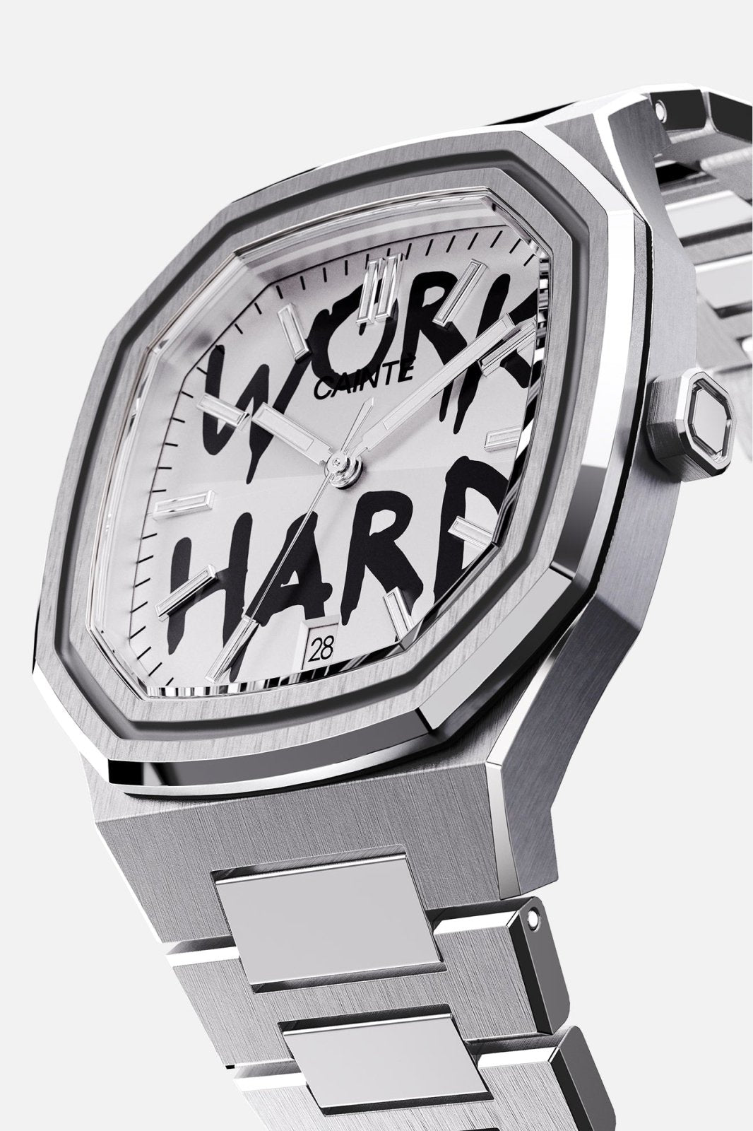 Three-quarter view of the octagonal case and white dial with black graffiti lettering