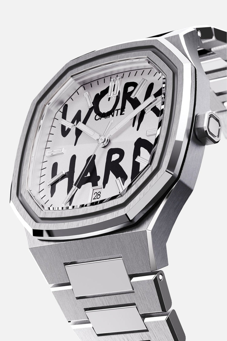 Three-quarter view of the octagonal case and white dial with black graffiti lettering