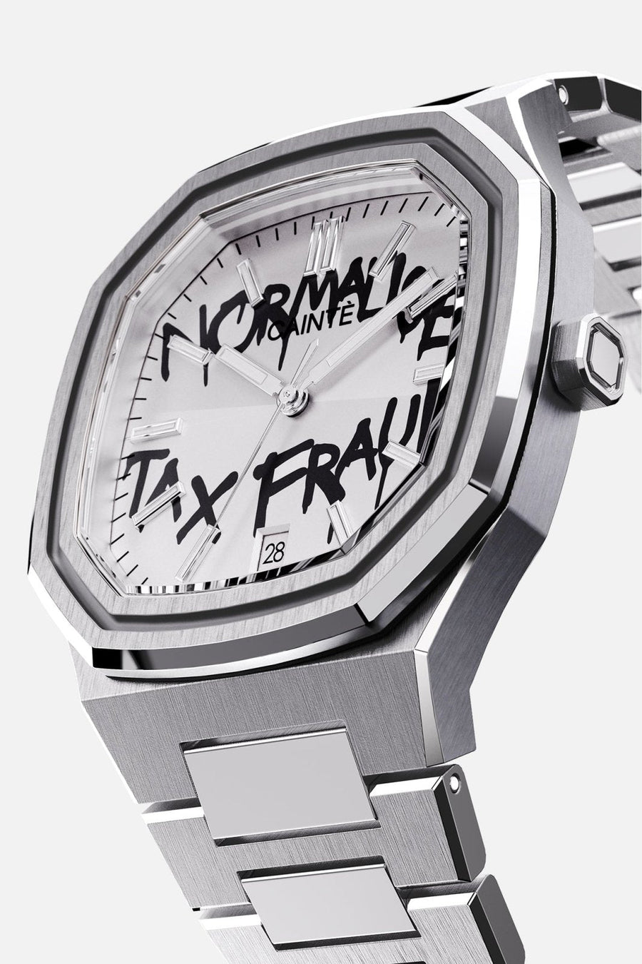 Three-quarter view of the octagonal case and white dial with black graffiti lettering