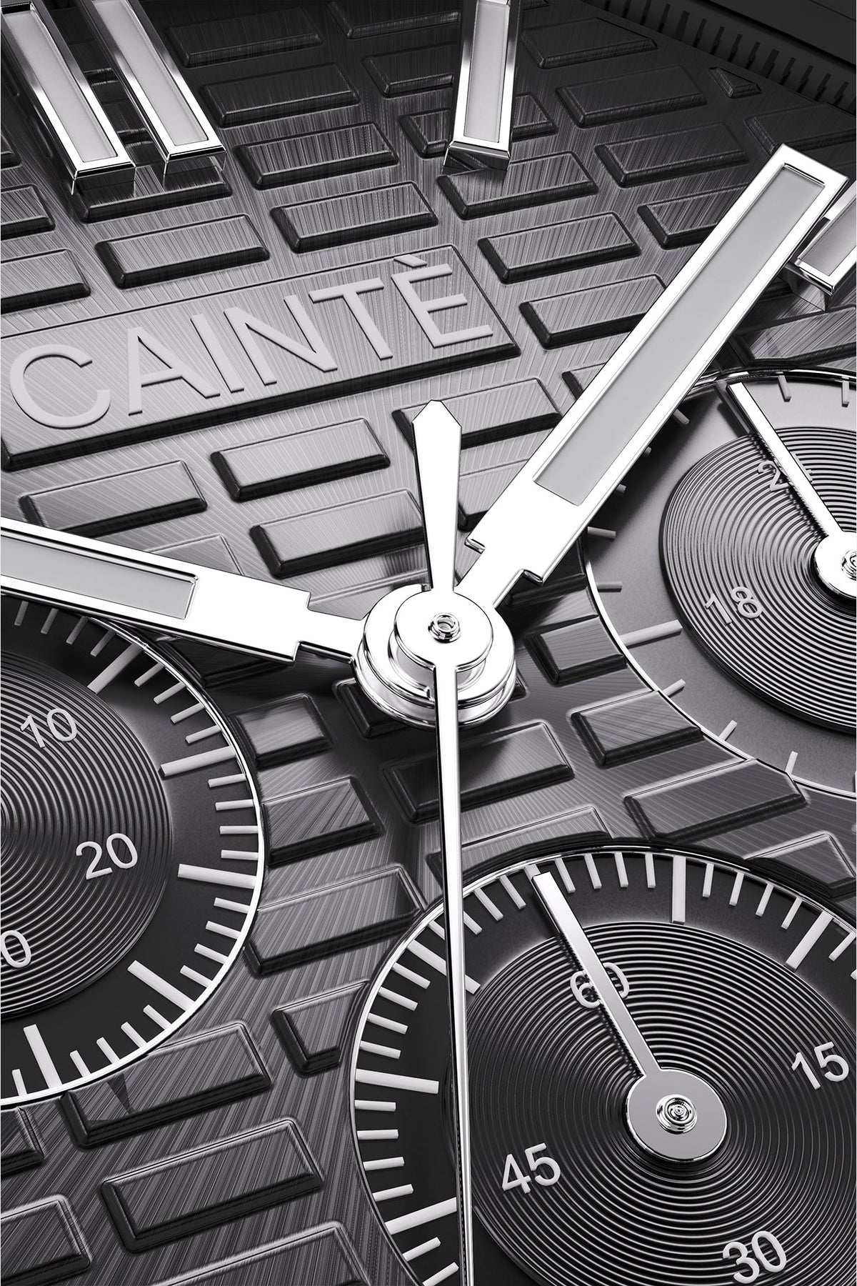 Macro view of the black chronograph dial and polished hands