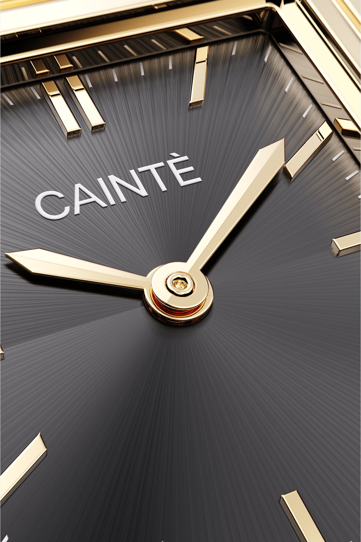 Close-up of the black sunburst dial and polished hands