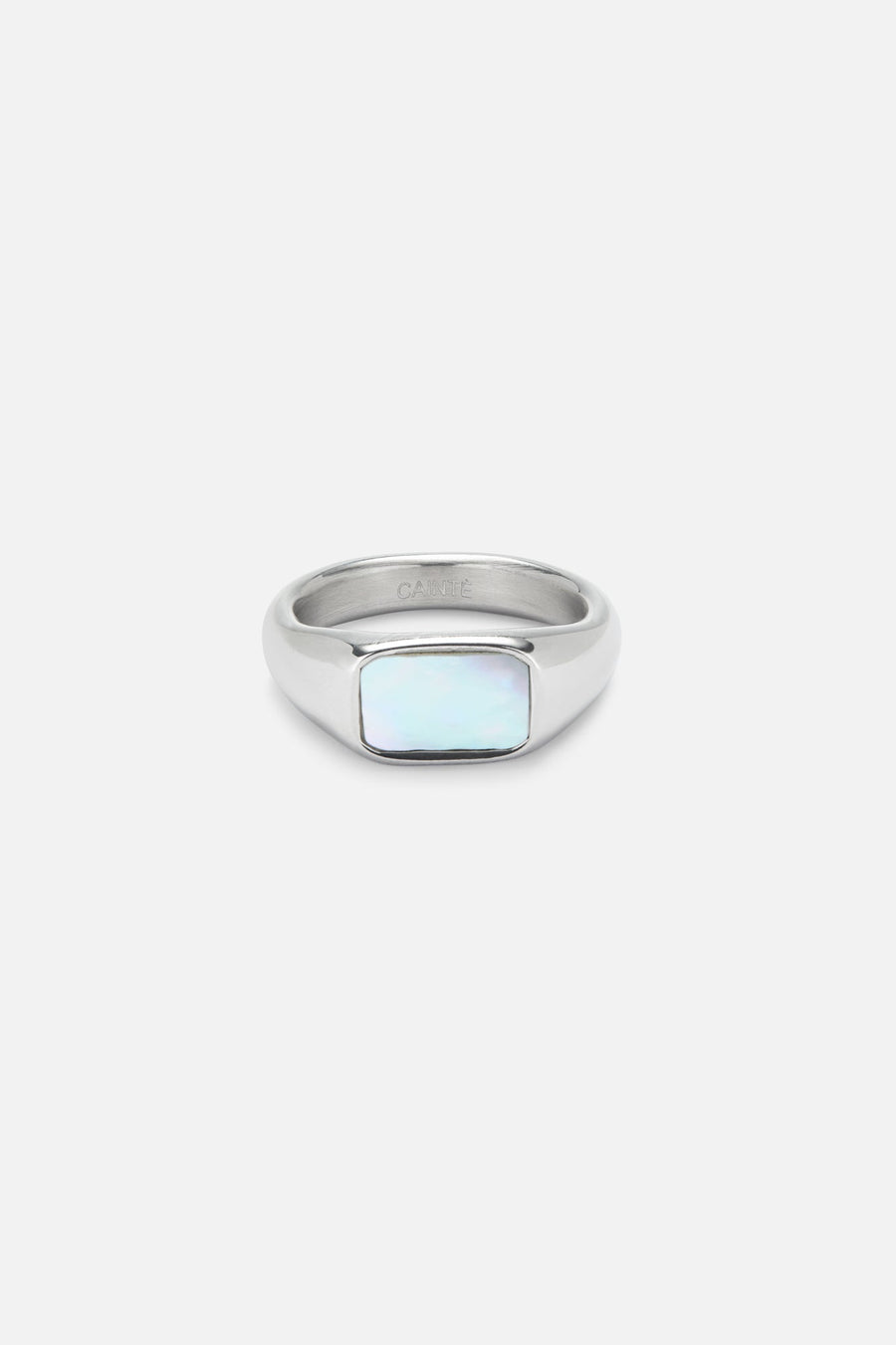 Signet ring with a white iridescent inlay, front view