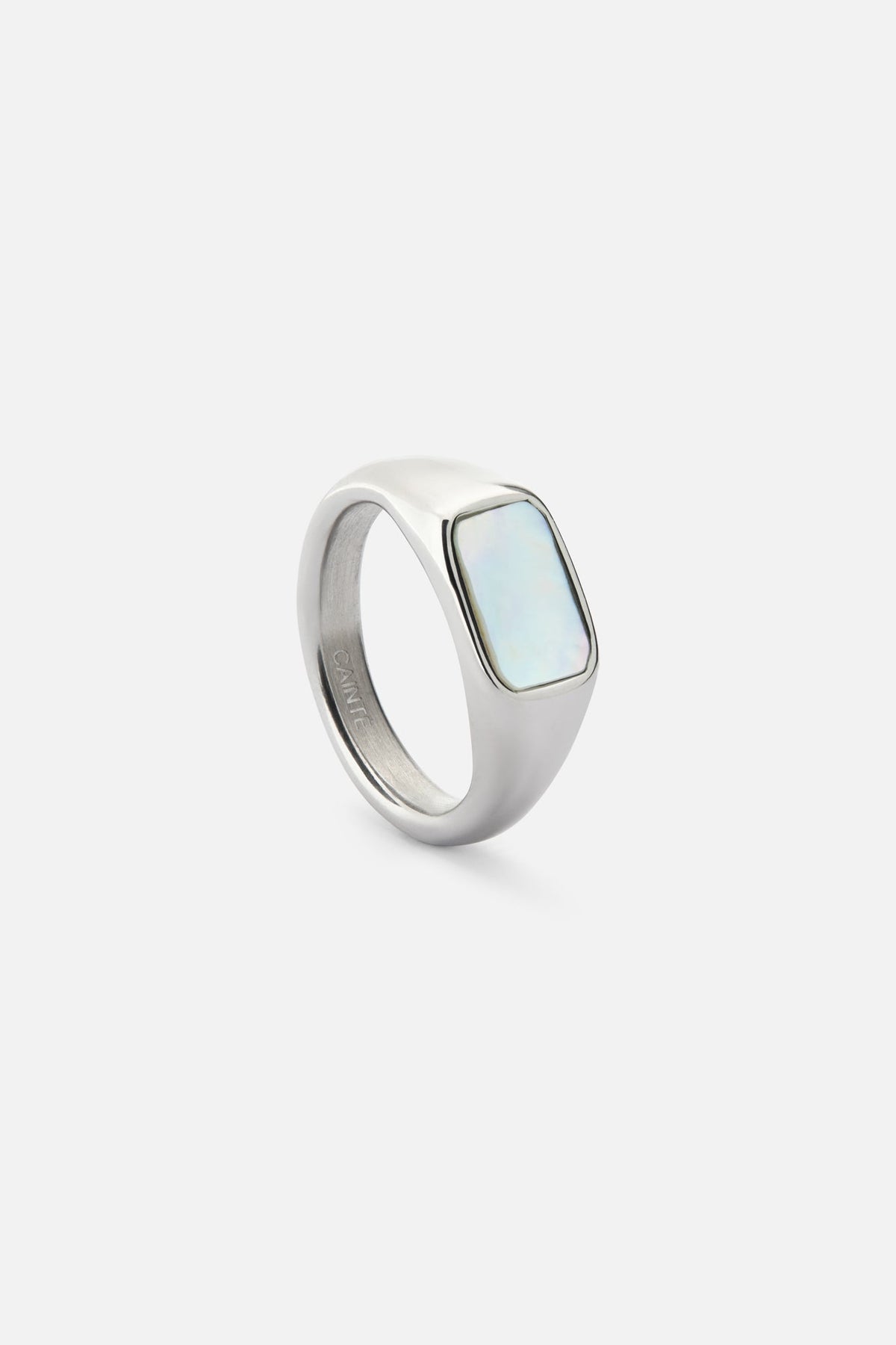 Inlay signet ring from the side, showing the tapered band