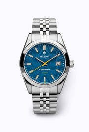 Blue wave dial watch on a steel bracelet