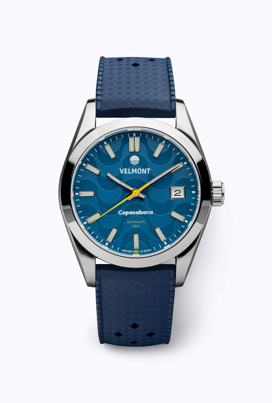 Blue dial watch on a blue perforated rubber strap