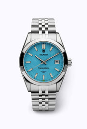 Turquoise wave dial watch on a steel bracelet