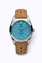 Turquoise dial watch on a tan perforated strap