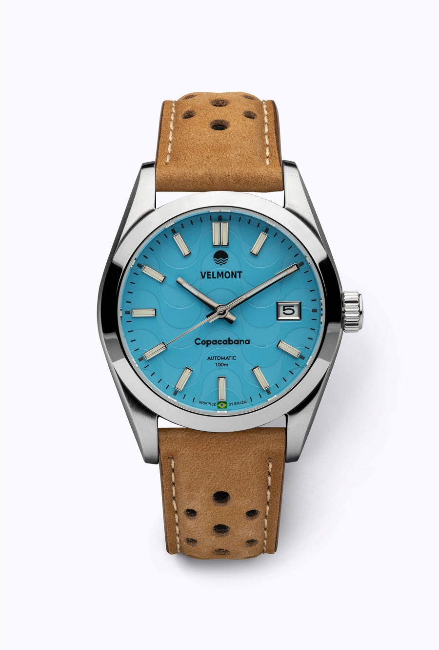Turquoise dial watch on a tan perforated strap