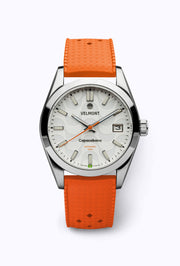 White dial watch on an orange perforated rubber strap