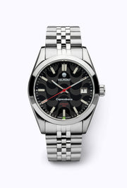 Black wave dial watch on a steel bracelet