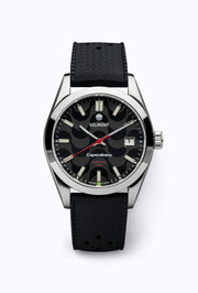 Black dial watch on a black perforated rubber strap