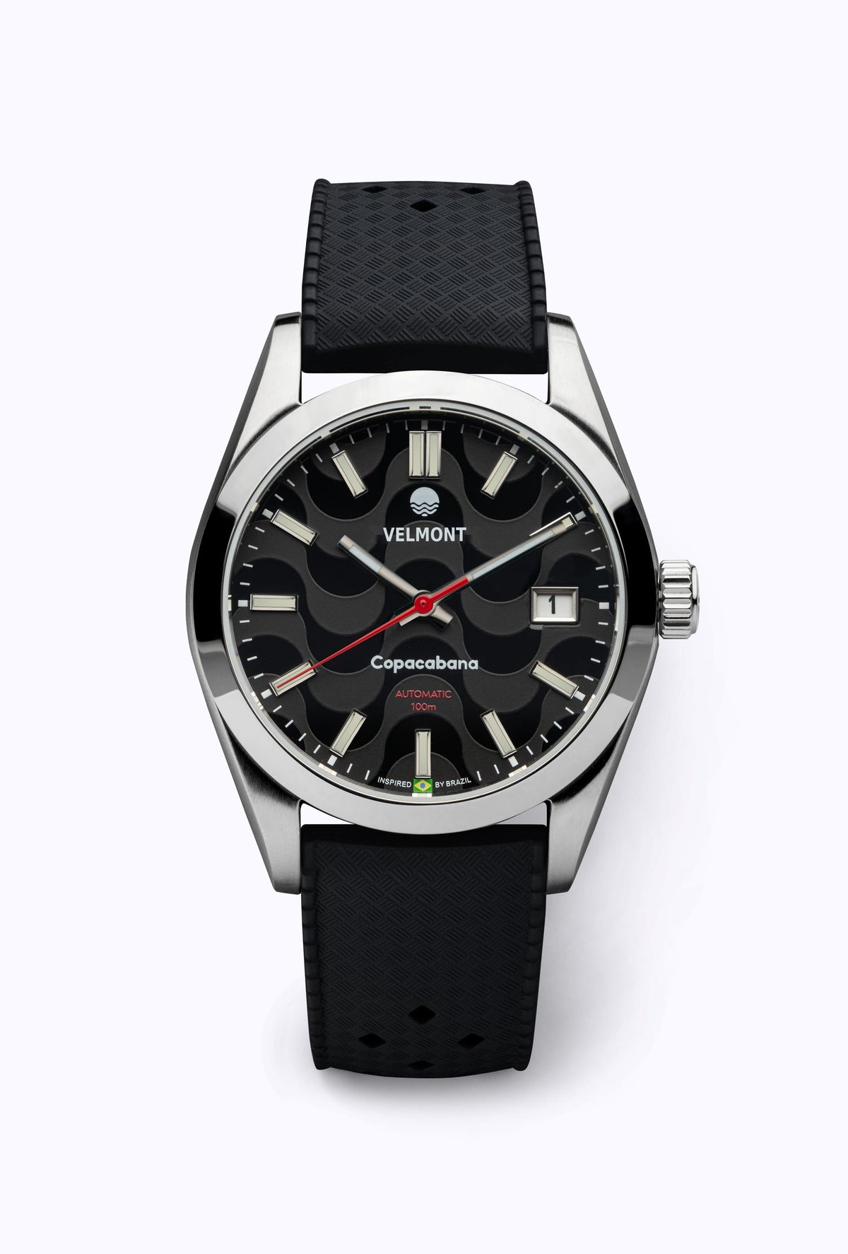 Black dial watch on a black perforated rubber strap