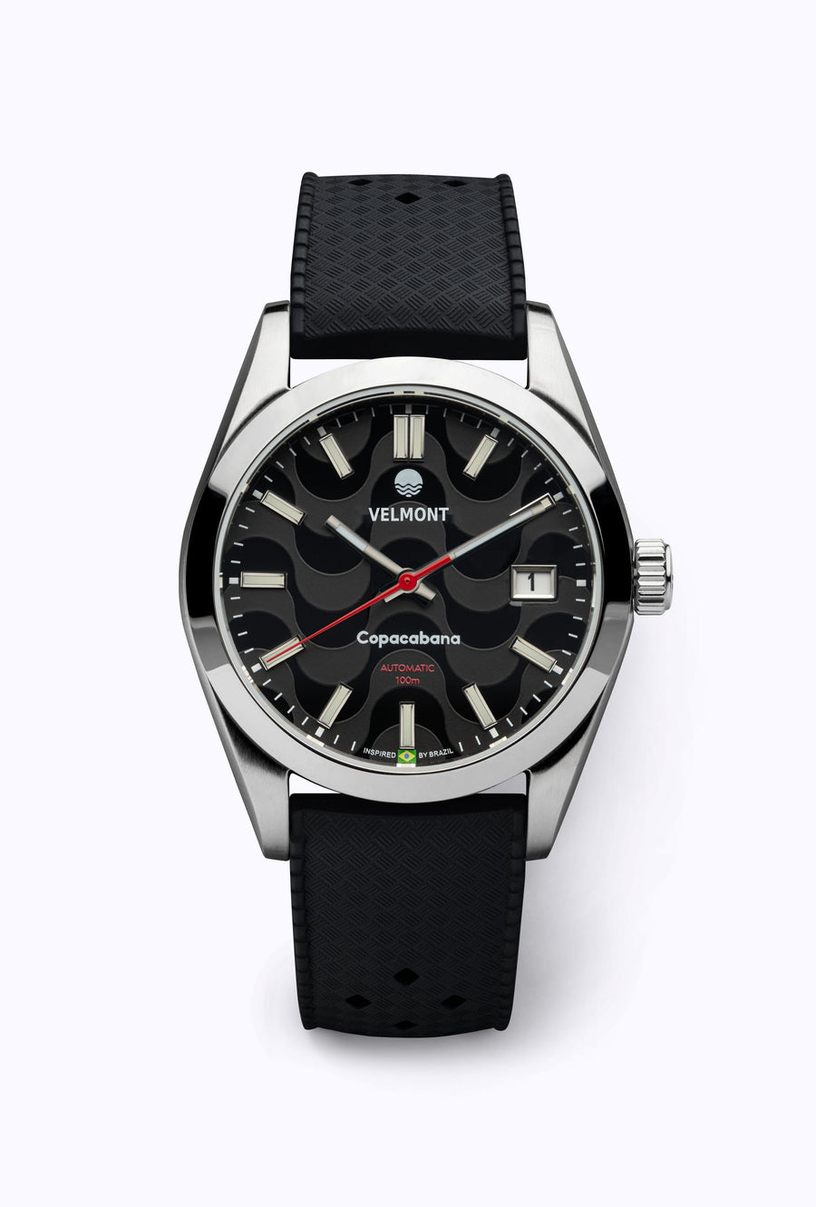 Black dial watch on a black perforated rubber strap