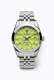 Green and yellow wave dial watch on a steel bracelet